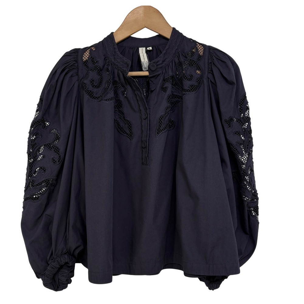 Scarlett Poppies Vesma Top M Navy Blue Embroidered Puff Sleeve Peasant Romantic